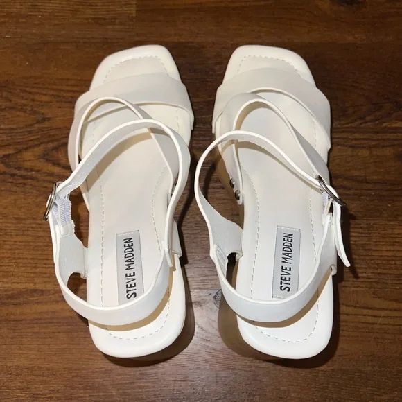 Steve Madden Gladiator White Strap Tan Platform Clog Heel Sandals Size 10 - Picture 9 of 14